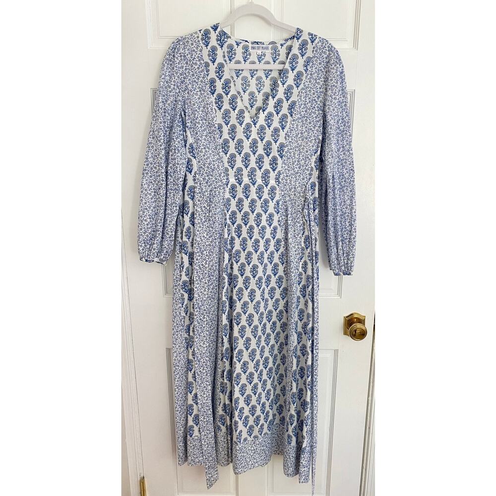Pink City Prints Tuckernuck Bahama Midi Dress Sky Blossom Blue White Tie Waist L - Picture 11 of 11